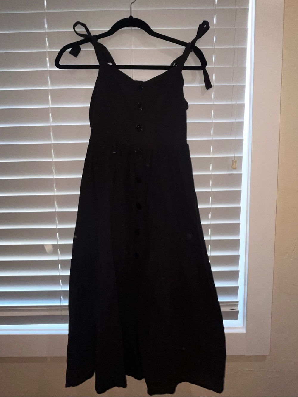 Black Button-Front Midi Dress with Tie Straps